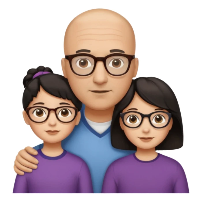 Papà calvo, mamma capelli neri occhi marroni, figlia capelli marroni mossi e occhiali tartarugati con montatura spessa occhi marroni, figlia capelli lisci marroni occhiali neri con montatura grande e fina occhi marroni  sticker