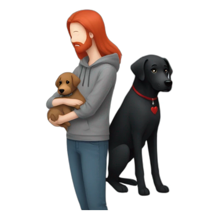 a slender man wear grey hoodie with a red beard hug a black Labrador sticker