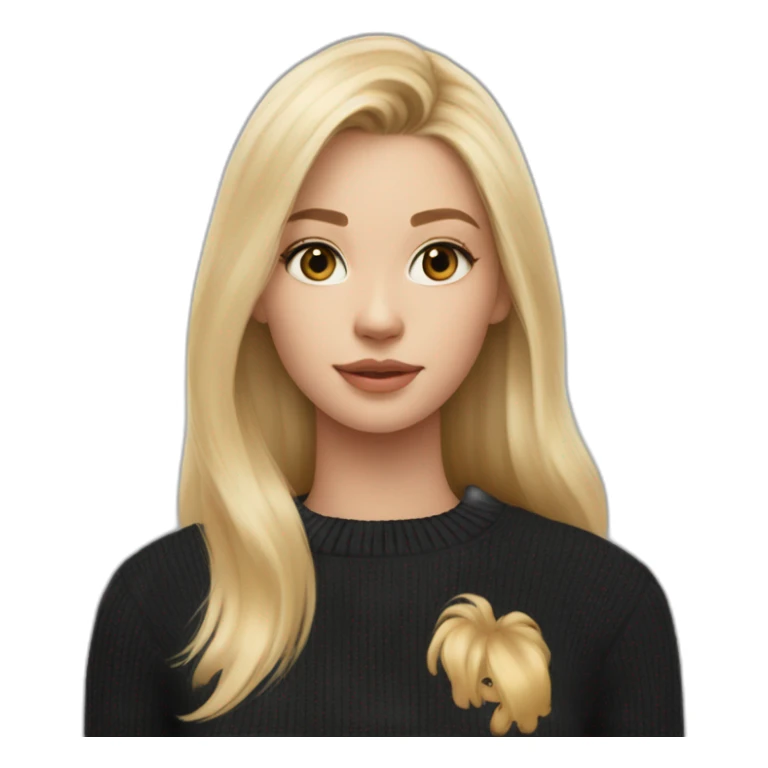 Blond girl in black sweater saying Calvin Klein on her chest sticker
