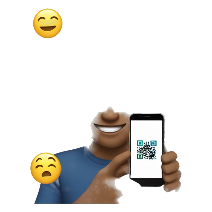 cheerful young man holding out a smartphone with a visible QR code on the screen sticker