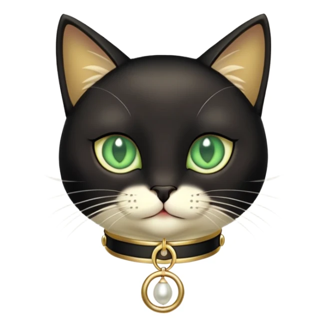 black cat with light green eyes wearing a beige collar with a small pearl pendant and gold buckle sticker