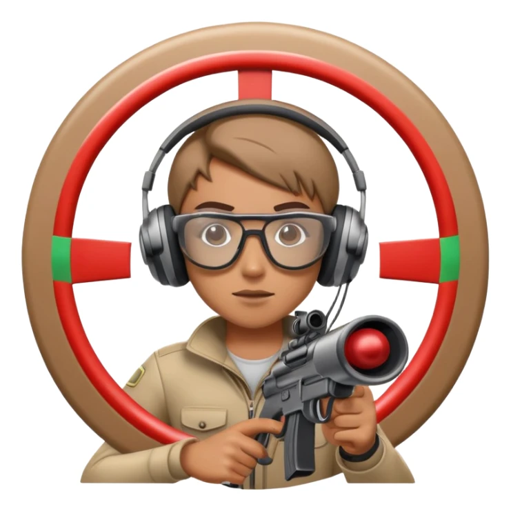 A focused shooter in protective headphones and special glasses, aiming precisely at a target. The setting includes a shooting range with clear markers and a calm, controlled environment, emphasizing concentration, accuracy, and the discipline of the sport sticker
