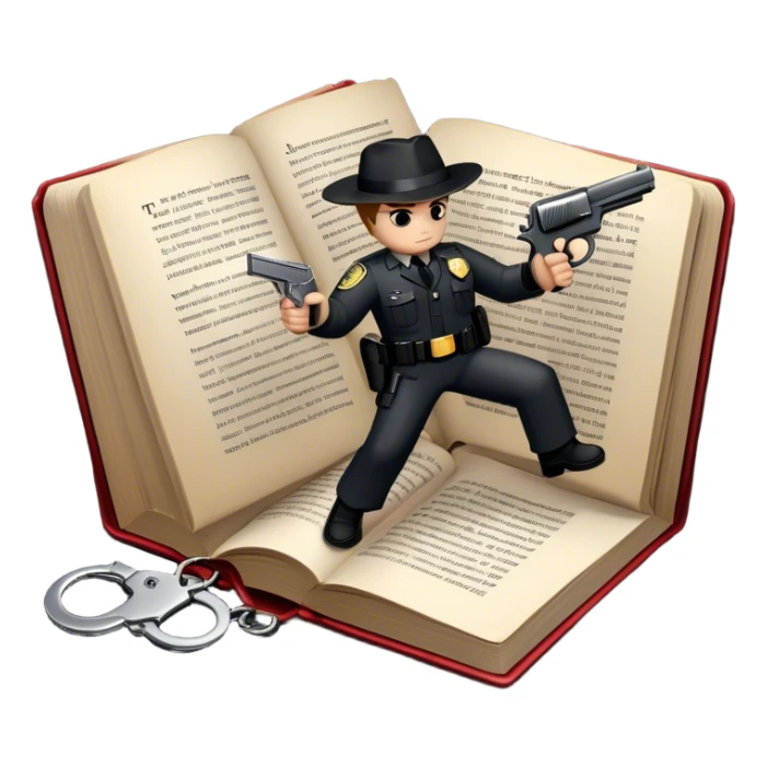 Icon for Action & Crime Reading: an open book with dramatic action scenes, surrounded by a gun, handcuffs, a badge, and a shadowy figure. The icon should evoke suspense, danger, and intrigue of crime and action stories. Transparent background. sticker