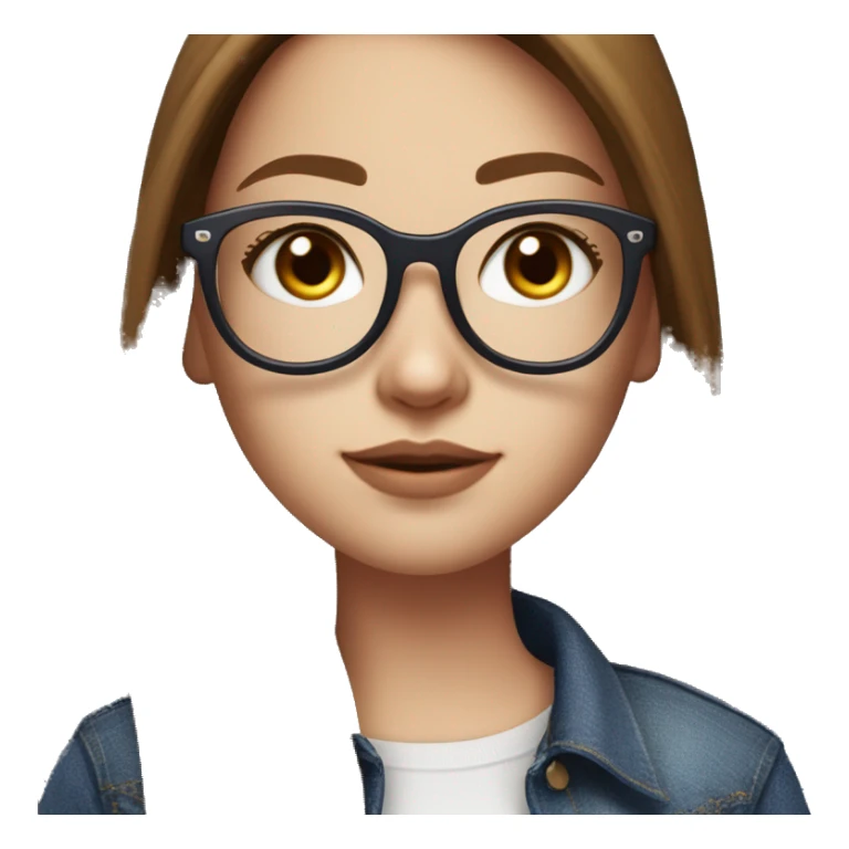 stylish girl in denim jeans, using a black short top. with a realistic nose, and long and brown straight hair. she has white skin, and big purple glasses. she is beautiful and nerd sticker