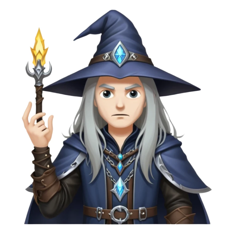 wizard with long hair, heavy metal aesthetic, leather clothes, dark magic sticker