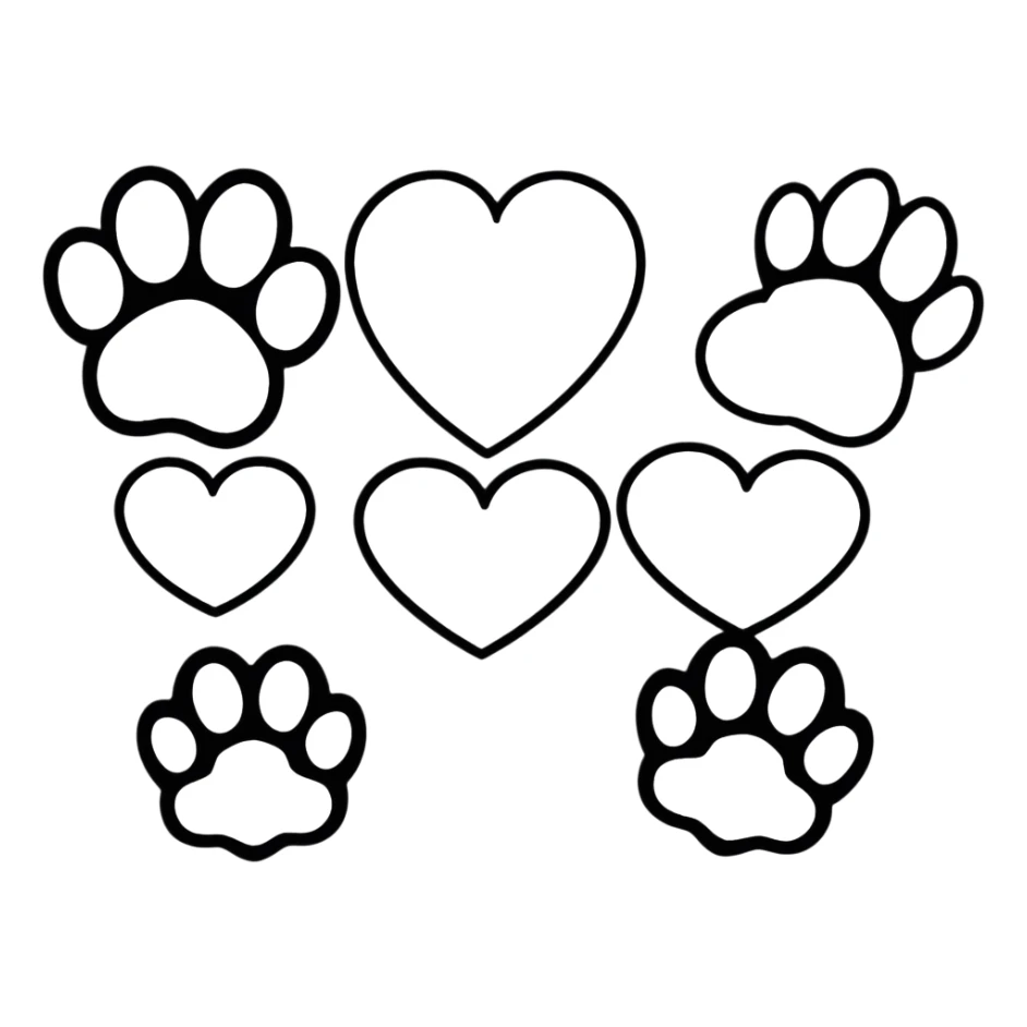 four cartoon style puppy paws, each with a white heart on the pad sticker