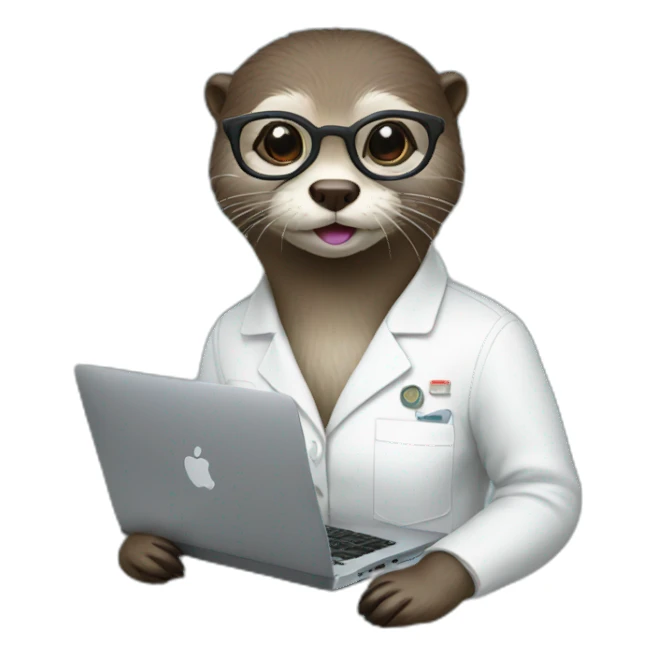 female vet otter with glasses with a macbook sticker