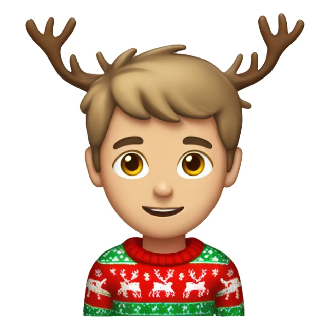 light brown haired boy with christmas sweater and raindeer horns sticker
