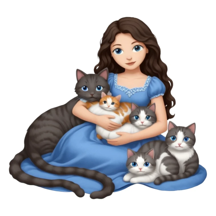 detailed realistic looking a dark grey and white cat regally laying with six other cats, cuddling with their owner in bed who is a pretty bratz lightly tanned white girl with long dark brown hair, blue eyes and gorgeous long wavy hair wearing a pretty detailed dress sticker