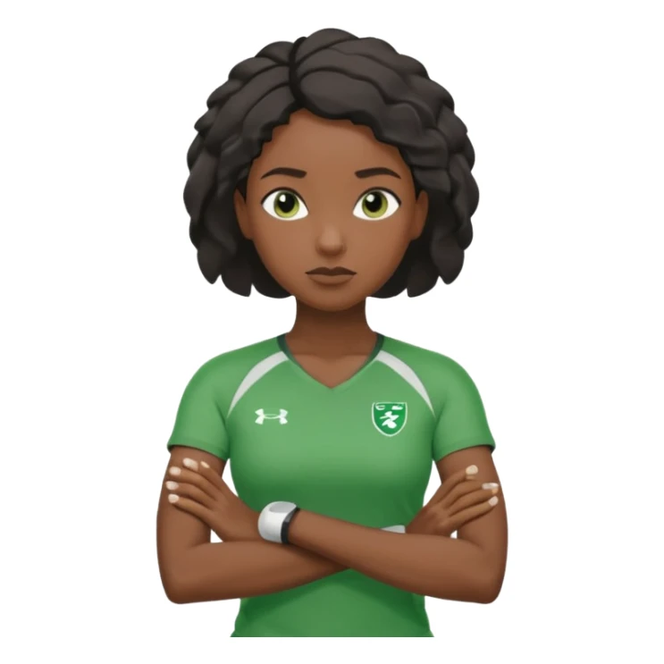 A calm black female coach with folded arms, analyzing the game with sharp focus, green clothes sticker