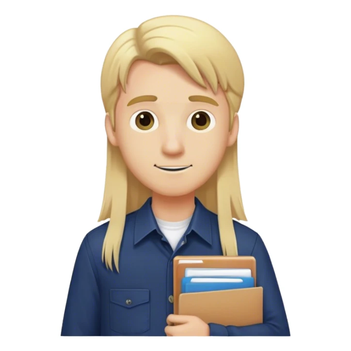 Guy with long straight blonde hair and navy button up holding a school packet sticker