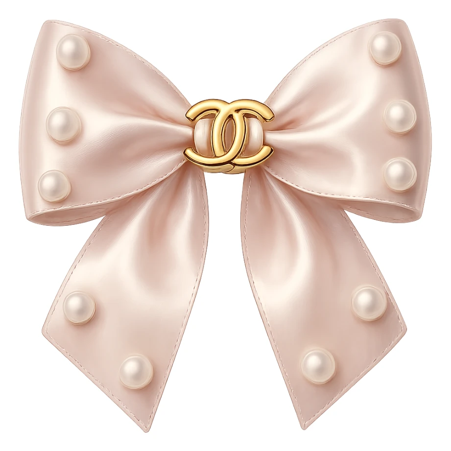 Remove the background, keep only the elegant bow with pearls and gold Chanel logo, glossy, pastel colors, realistic style, with no background. sticker
