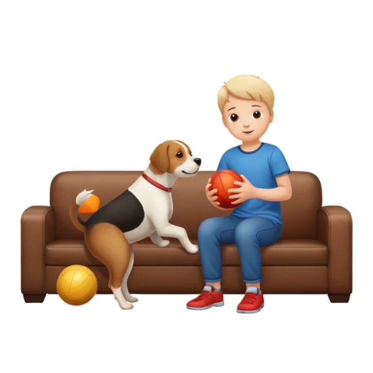 kid and dog playing with ball, living room background sticker