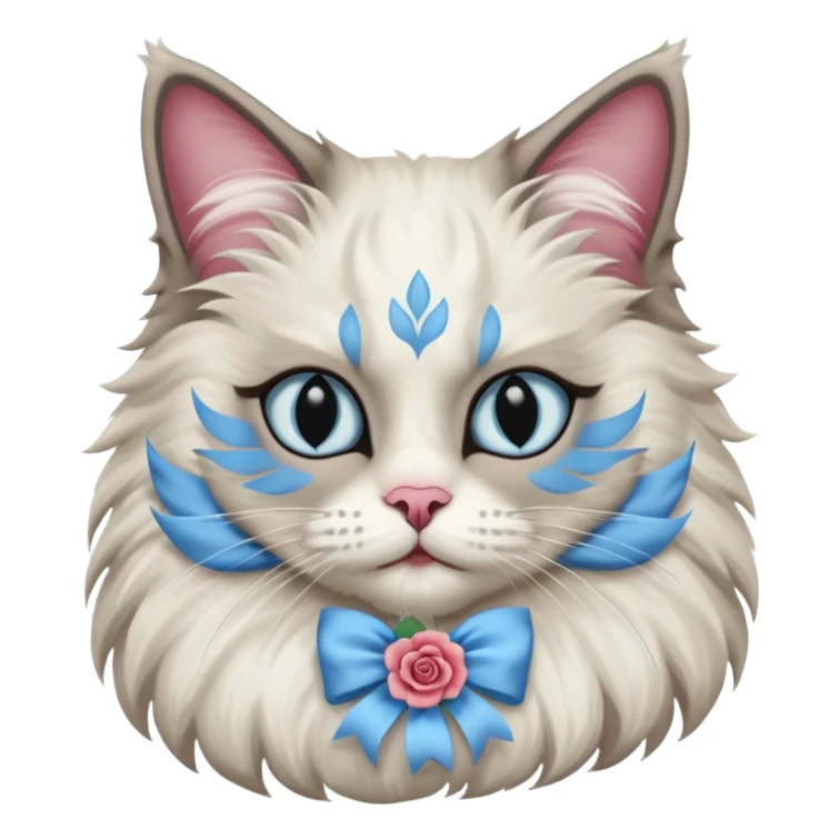 Neva masquerade cat, very fluffy, gray and white, with pale blue eyes and rose nose sticker