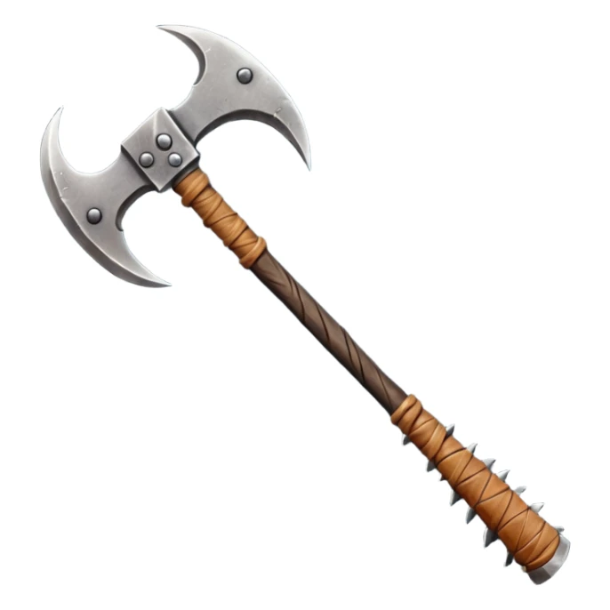 savage barbarian axe object icon, spiked double blade, battle-worn metal, scratches, heavy fantasy weapon, 3D cartoon, mobile game icon style, centered, clean background, no text, no watermark

 sticker