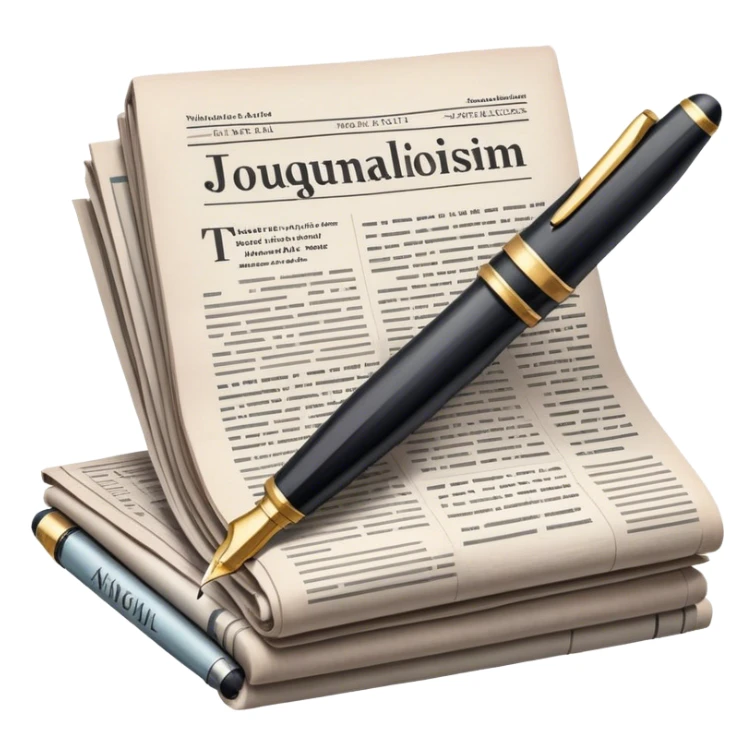 Create an emoji representing journalism and publicistic writing. The design should feature an open newspaper or a stack of articles with visible text columns, symbolizing opinion pieces and analysis. A classic fountain pen or ballpoint pen should be placed near the papers, indicating the act of writing. Optionally, include a small microphone or a press badge to emphasize investigative and journalistic aspects. Use neutral and professional colors like black, white, and muted blue or red. Do not include any emojis or smiley faces. Make the background transparent. sticker