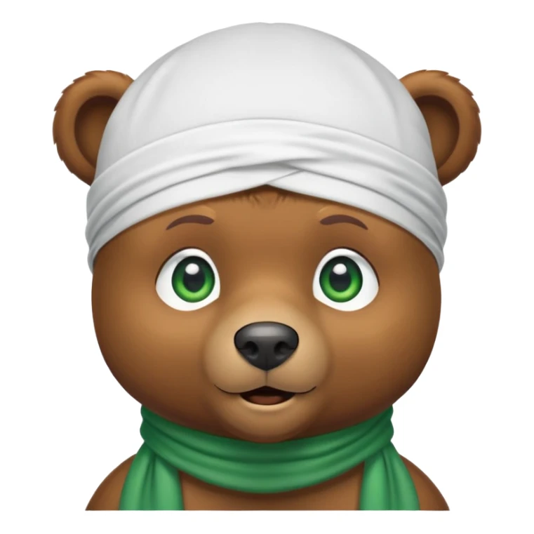 Cool brown bear with confident expression and green eyes wearing a crisp white durag with the ties showing, iOS emoji style sticker