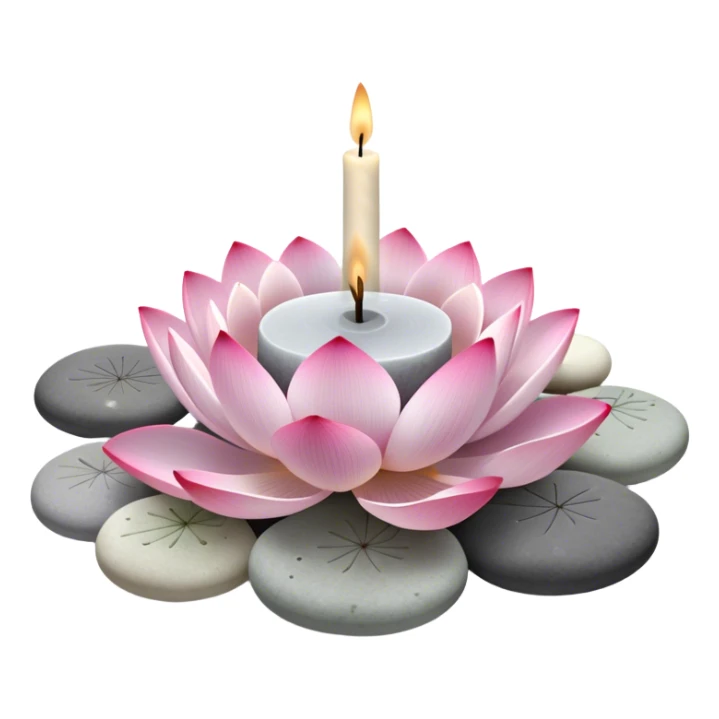 A photorealistic icon featuring lotus flowers, burning incense sticks with smoke rising, smooth round sea stones, and multiple small round candles arranged in a calming, tranquil setting. Soft, peaceful colors with detailed textures that evoke mindfulness and inner peace. Transparent background sticker