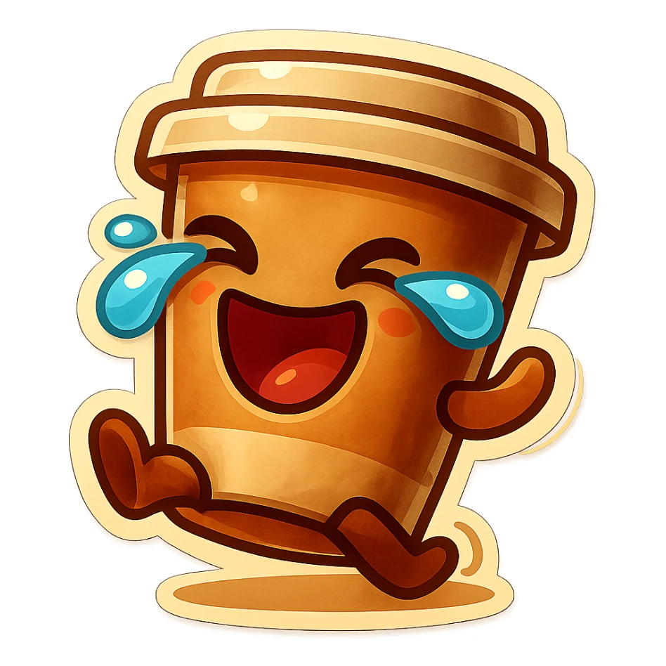 Tall coffee cup, laughing hard, tears in eyes, rolling on ground, dramatic laugh sticker