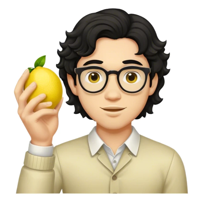 Dorky guy with wavy black hair holding a lemon sticker