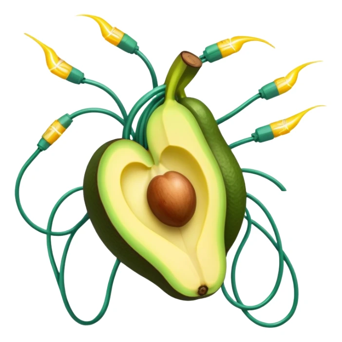Banana, avocado, potato and leafy greens emitting electrical sparks that flow toward a heart and nervous system. The electrical currents connect the potassium-rich foods to muscles and nerves, highlighting potassium's role as the body's electrical rhythm keeper. sticker