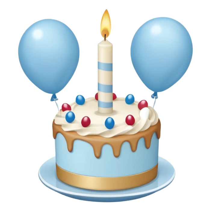 Please make some balloons that are light blue and beige, and place a small cake underneath the balloons. sticker
