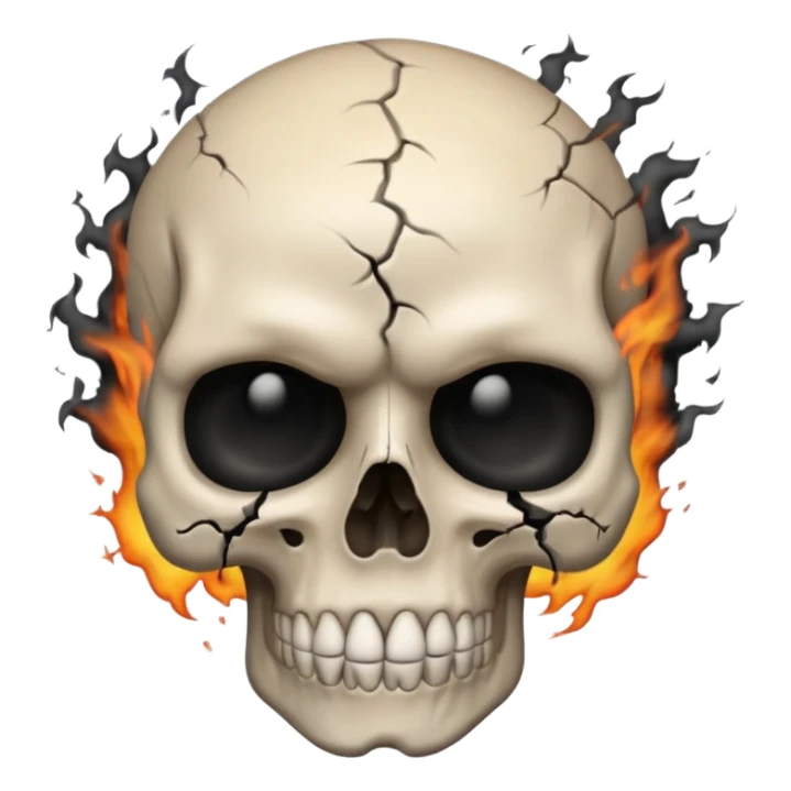 iOS style emoji, dark fantasy skull, cracks, black smoke from eyes, soft light, stylized sticker