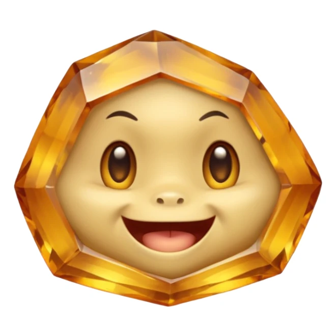 Single gemstone rock character, warm golden citrine, squat and heavy like a rock, with carved facets and tiny surface imperfections, cute round eyes and open smiling mouth, 3D game icon style, plain dark background, no other gems sticker