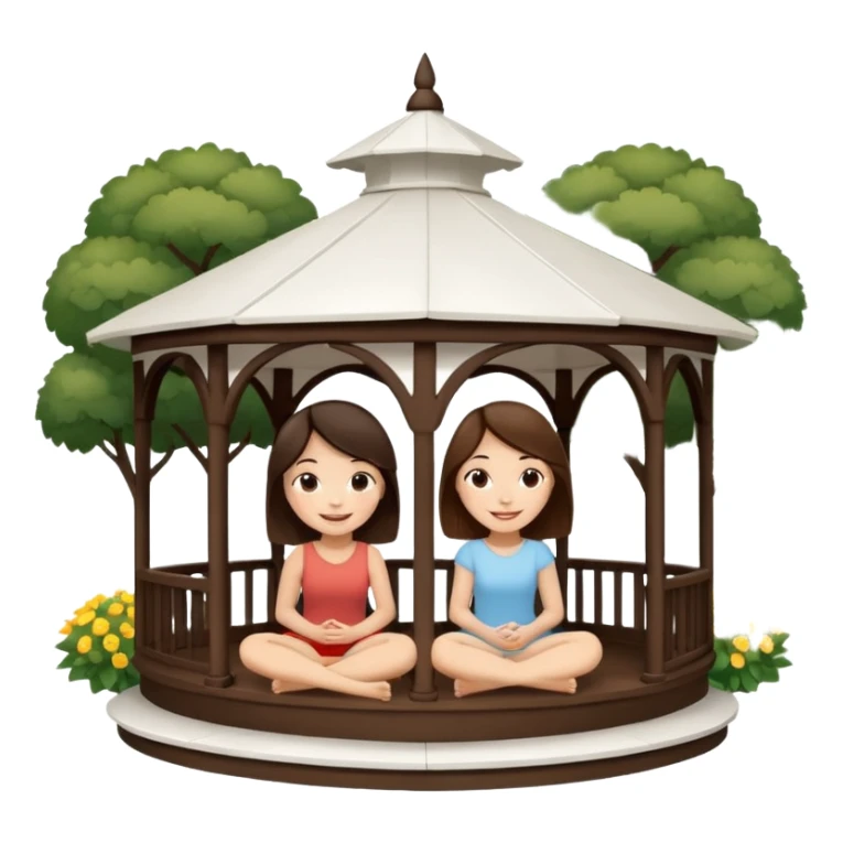 Two small brunette women sitting inside a large white gazebo sticker
