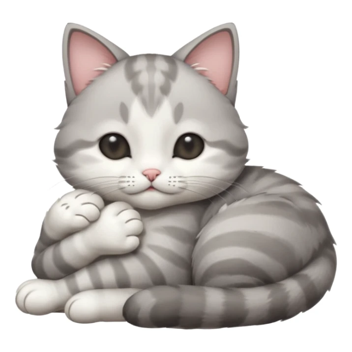 grey and white small cat with its eyes closed lying down with its paw curled under his chin holding it up sticker