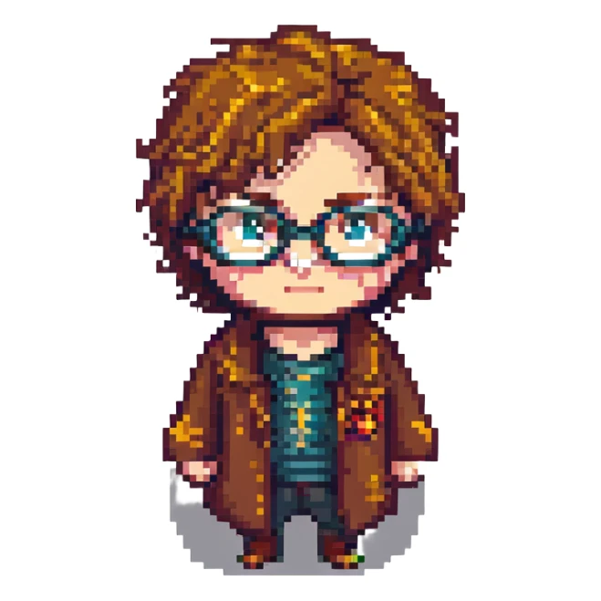 pixel art style Harry Potter character with glasses and lightning scar sticker