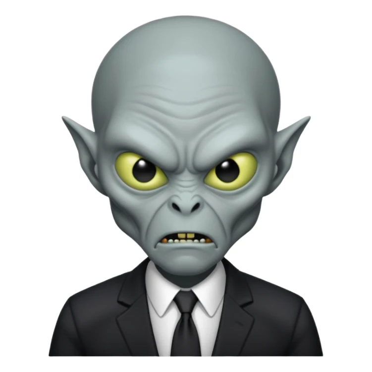an old alien with black suit, grey skin, angry sticker