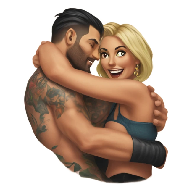 beautiful woman climbing a handsome tattooed man's back sticker