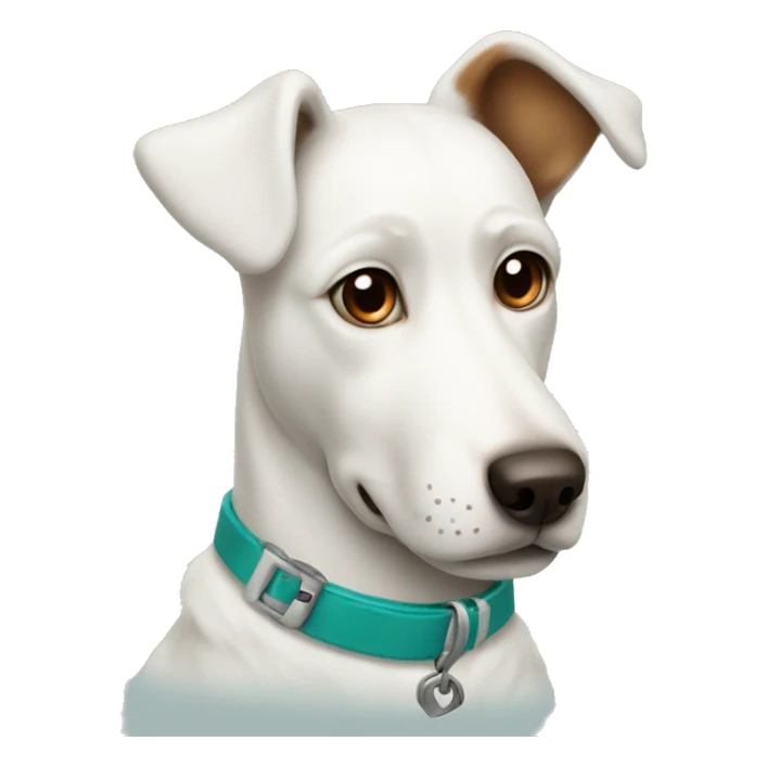 White dog with teal collar and brown spot around one eye  sticker