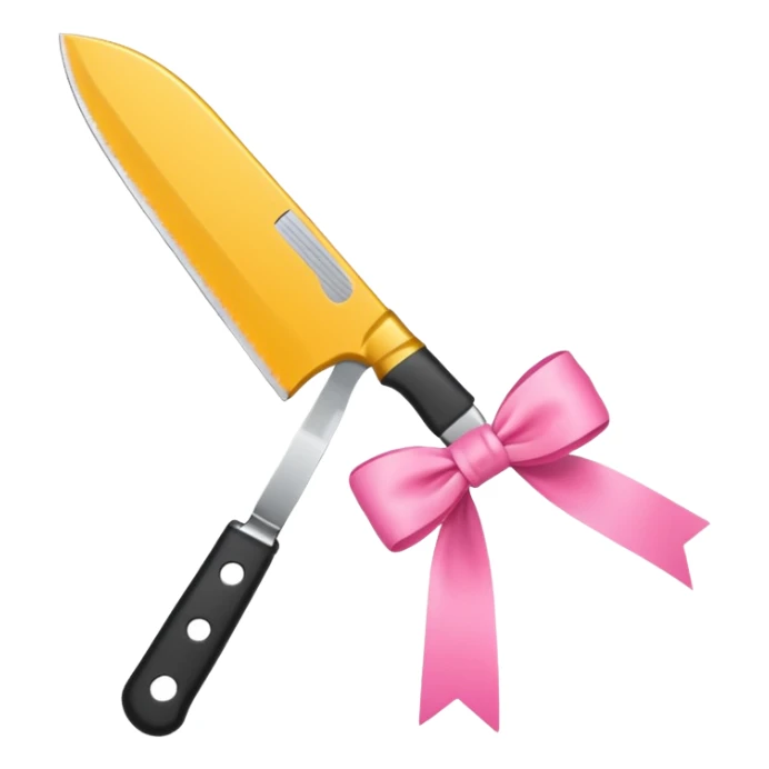 Kitchen knife with a pink bow tied around the handle, emoji style, simple, flat vector, white background, only one object sticker