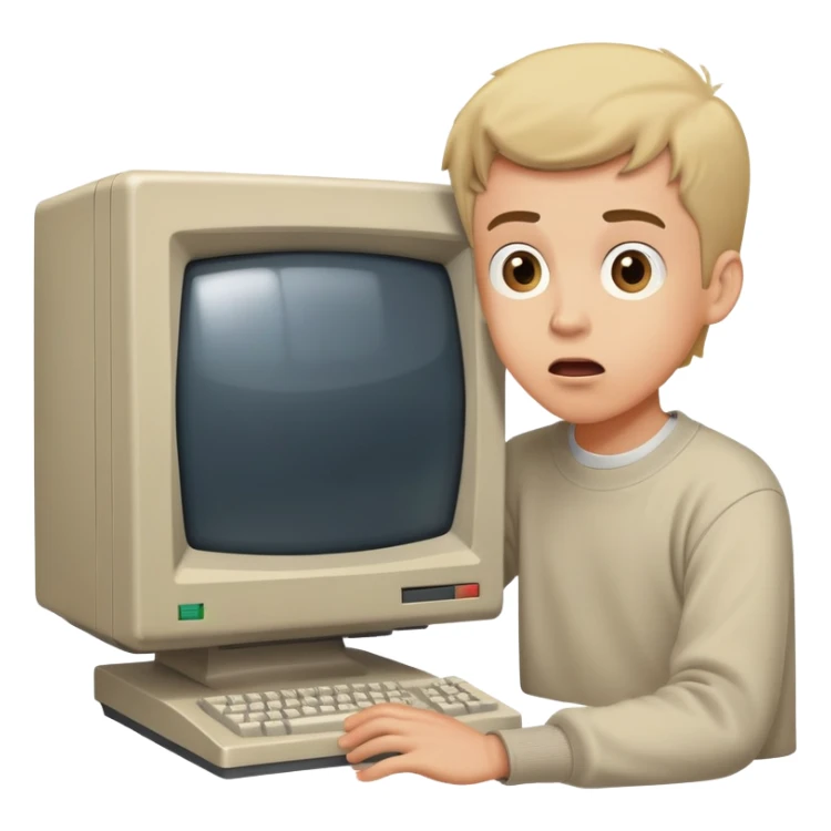 Young man with surprised expression looking at a very old, bulky desktop computer from the 1990s with CRT monitor sticker