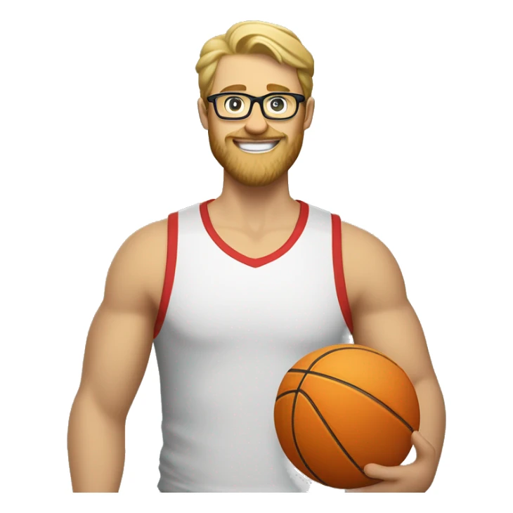 a blond guy with a beard, glasses, and a goofy grin, who has a thick face but isn't fat, holding a basketball in one hand and a volleyball in the other with a whistle around their neck. Should be wearing shorts and a t-shirt and red crocs. sticker