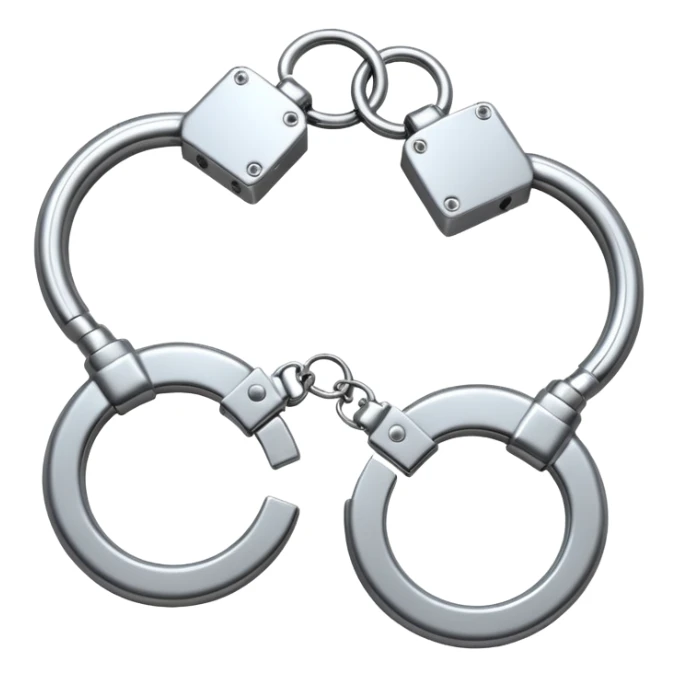 A pair of elegant handcuffs emoji made of silver chrome, smooth rounded design, glossy metallic reflections, luxury fetish aesthetic, minimal iOS emoji style, centered, clean white background sticker