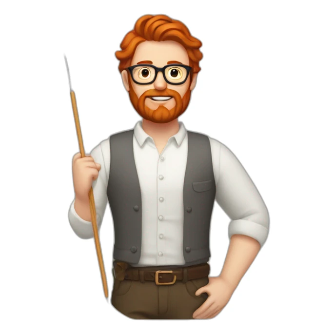 Red smooth haired man with beard and glasses creating a saddle with needle and thread sticker