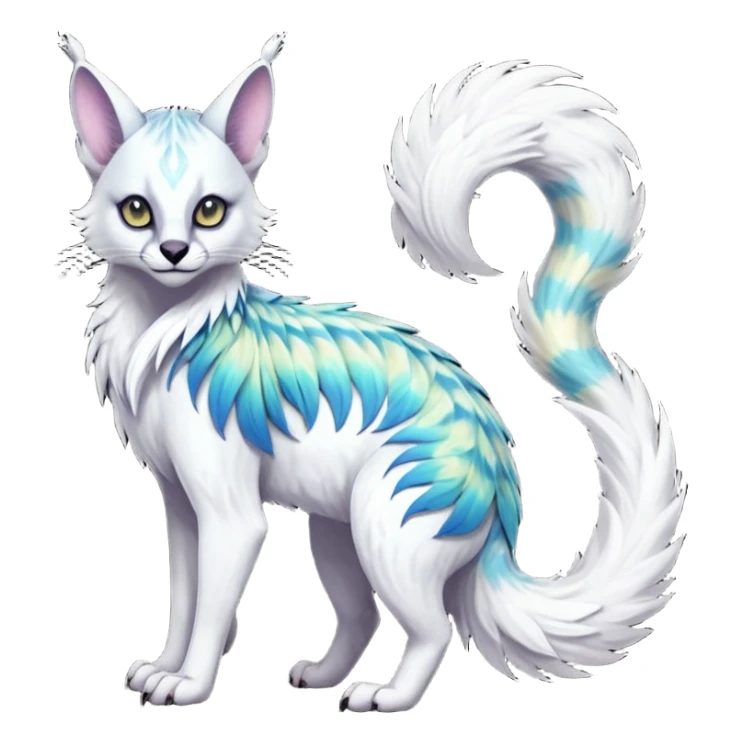 Colorful dark tropical feathery tribal pale light fruity pastel white glorious iridescent divine exotic cute albino neon vibrant spooky evil zigzagged cool beautiful beautiful fantasy-caracal-civet-genet-sergal-vernid-Gryphon-Cacomistle-Trico-oncilla-animal-Fakémon-hybrid-fursona (full body) sticker