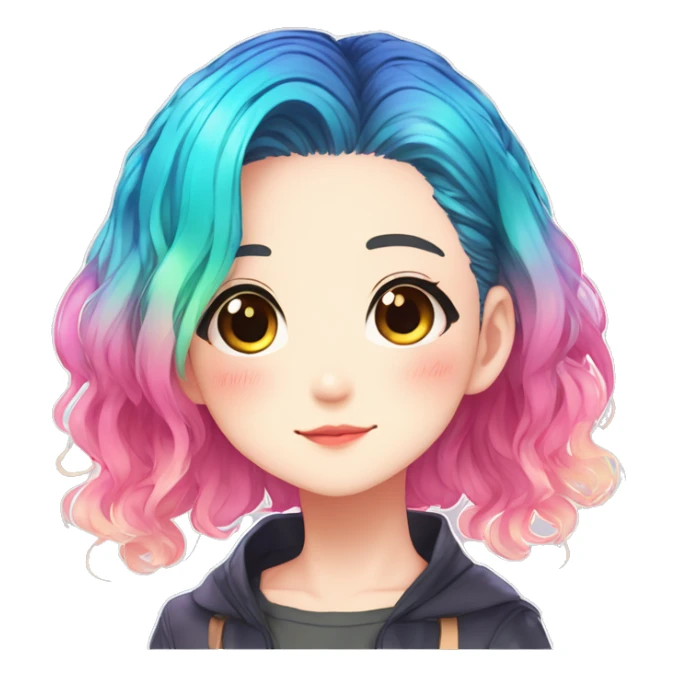 Gorgeous anime style shojo character with blushing face aesthetic and pretty colorful shiny gradient neon hair with hair garment trending style sticker