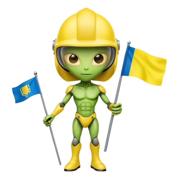 Green alien in helmet, with Ukraine flag in a hand sticker