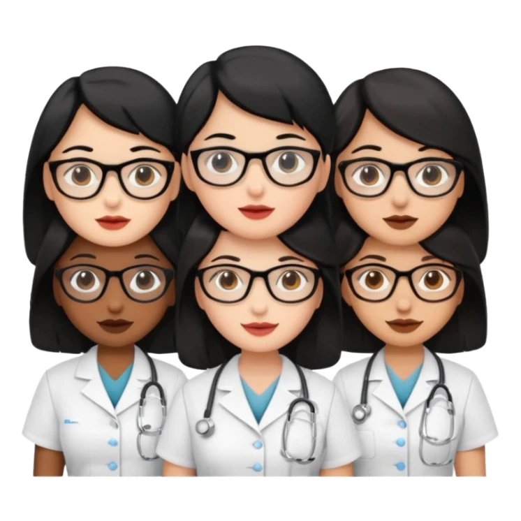 Genera un emogis de 4 enfermeras pelinegra juntas, entre ellas una con un lunar encima del labio y otra con lentes sticker