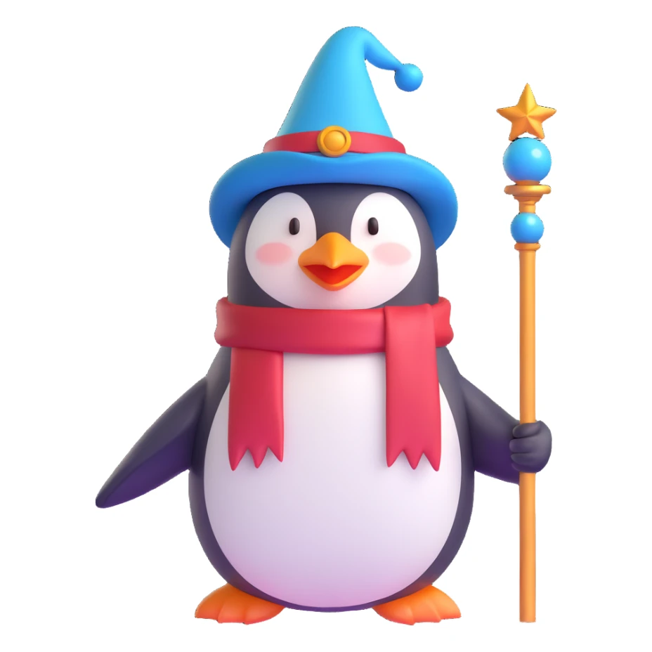 A penguin wizard with a magical staff and a pointy hat sticker
