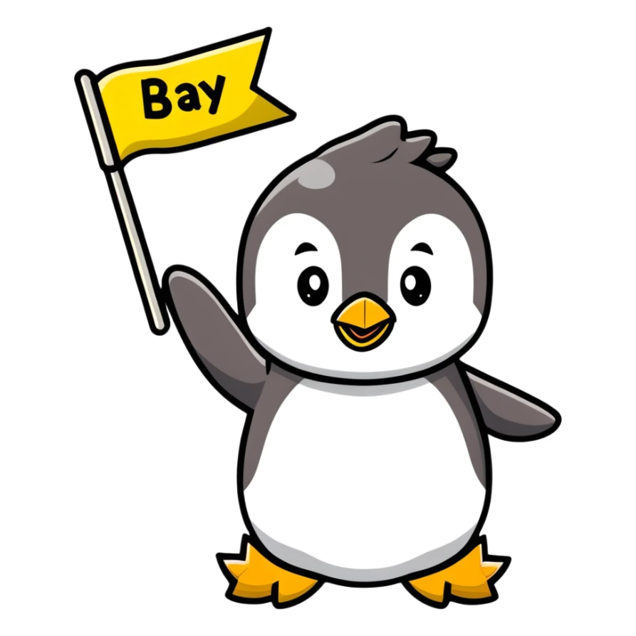 smiling penguin holding 'Happy B-Day' banner sticker