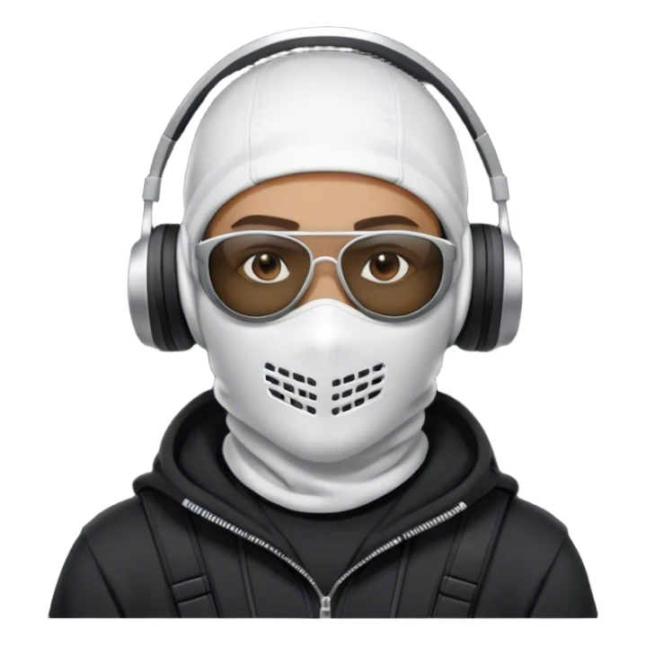 Futuristic special forces soldier wearing a white full-face balaclava, black wraparound sunglasses (only one pair of glasses), and a high-tech military headset with a microphone. Dressed in a dark hoodie. sticker
