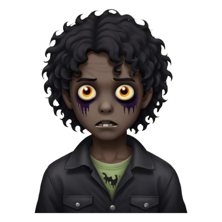 Boy, zombie, black curly wavy hair, medium long, round shaped hair, emo, dark, spooky, creepy expression sticker