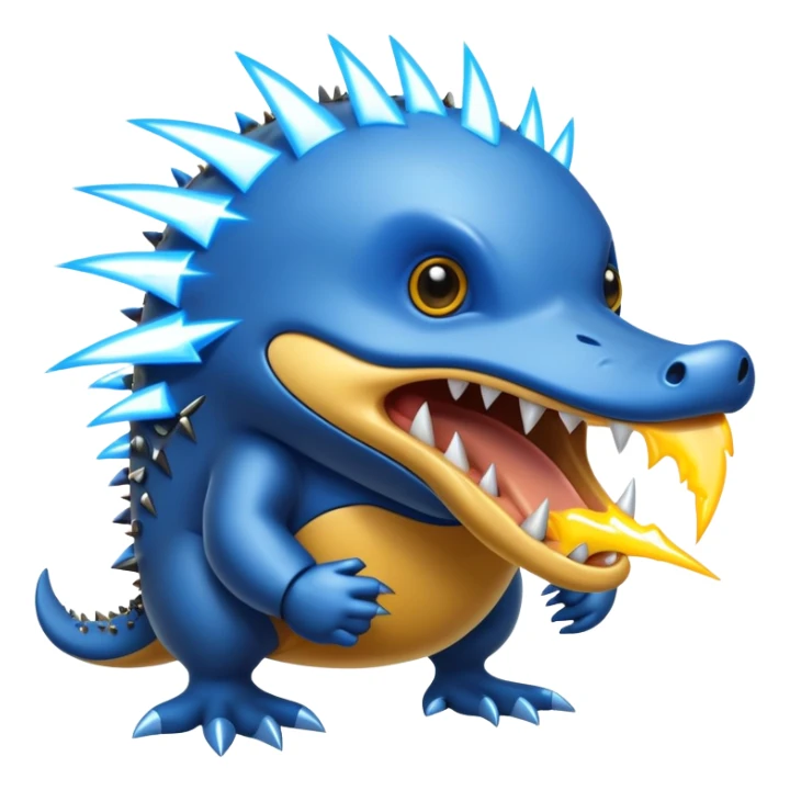 a fantastical dangerous and spooky electric platypus merged with a hedgehog with sharp teeth, metal electric spikes, and strong fangs, electricity and lightning coming, menacing look, yellow and blue lightning bolts sticker