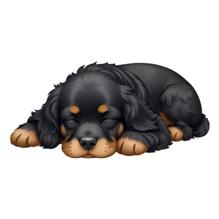 Cinematic Meme-Worthy Chubby Sleeping Black Cocker Spaniel Portrait Emoji, Head resting peacefully with a contented smile, showcasing a delightfully chubby build and a luxuriously soft black coat with gentle tan markings, eyes shut in a serene nap, Simplified yet hilariously adorable features, highly detailed, glowing with a soft, drowsy light, high shine, relaxed and utterly lovable, stylized with an air of playful laziness, bright and heartwarming, soft glowing outline, capturing the essence of a comically sleepy companion, so meme-worthy it feels like it could instantly become the next viral sensation of adorable slumber! sticker