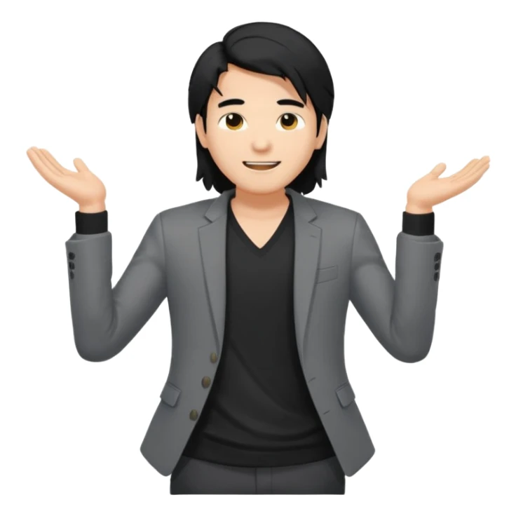 asian young man with long black hair falling on the forehead in grey blazer and black t-shirt smiling  sticker